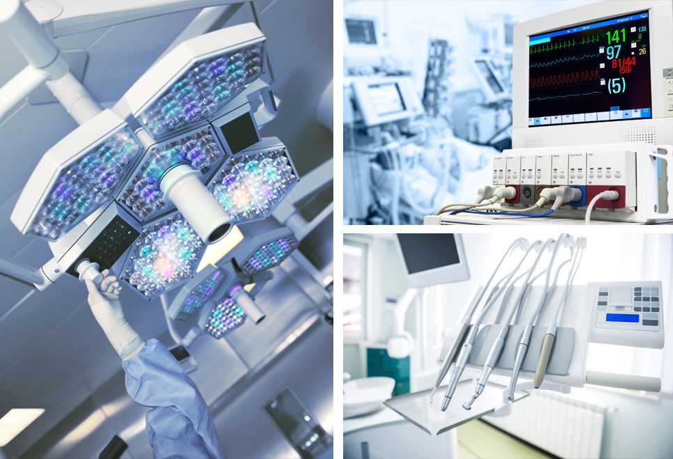 Lampade scialitiche, monitor multiparametrico e riunito odontoiatrico